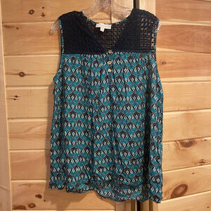 Women's Weekend Suzanne Betro Teal Black Patterned Tank Top 1X